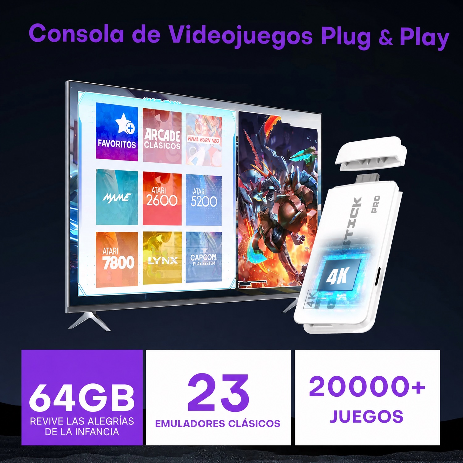 Consola de videojuegos Plug & Play con salida 4K y 23 emuladores